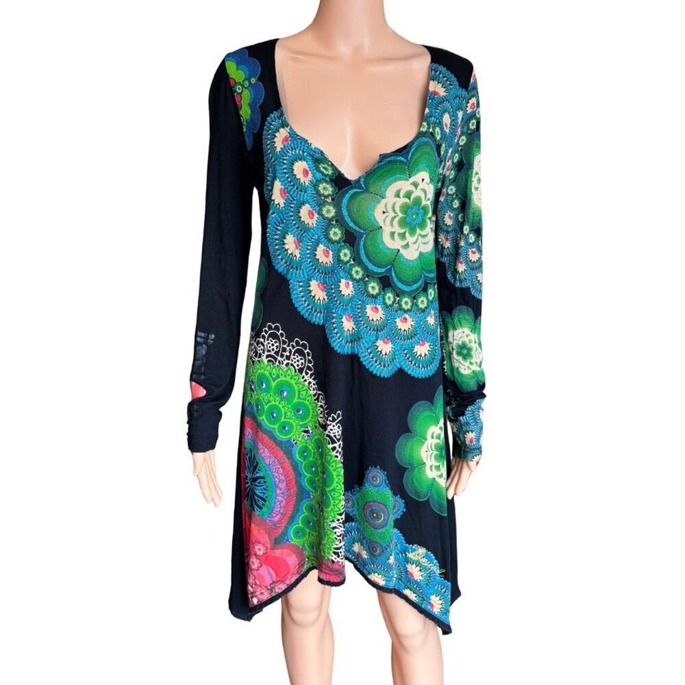 Desigual Mandala Floral Print Asymmetrical Dress Boho Large Art to Wear Dopamine - Picture 2 of 6